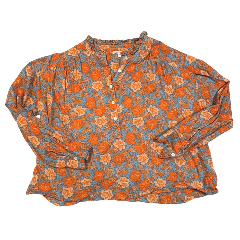 Sundry Floral Ruffle Collar Cotton Blouse Orange Blue Size 1 PF22-20K-S40